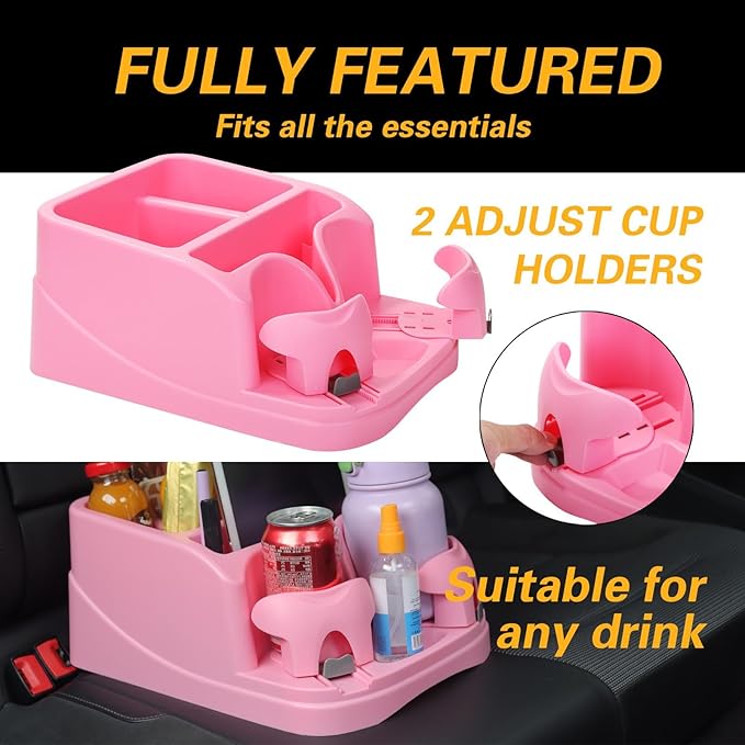 Big Plastic Console for Cars, Trucks, Minivans, SUVs with 2 Adjustable Drink Cup Holders pad Book Holder, Back Bench and Front Seat or Floor Middle Console Universal Vehicle Organizer Pink