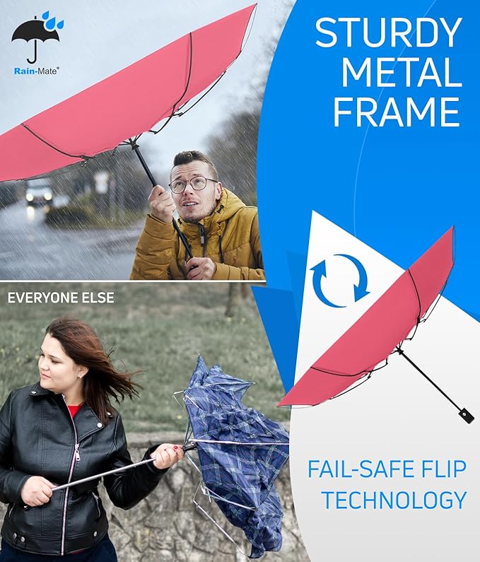 Rain-Mate Windproof Compact Umbrellas for Rain - Strong Reinforced Fiberglass Rib Design & Auto Open & Close - Portable Folding Travel Umbrella - Lightweight & Packable for Women & Men, Easy Collapse