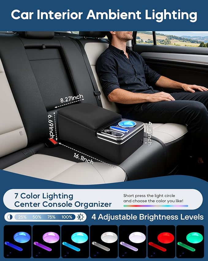 Center Console Organizer for Small SUV, Sedan, Truck, Rear Bench Seat Armrest Organizer with 7-Color Adjustable LED Lighting, Upgraded Automotive Center Storage Box with Fast Phone Charging