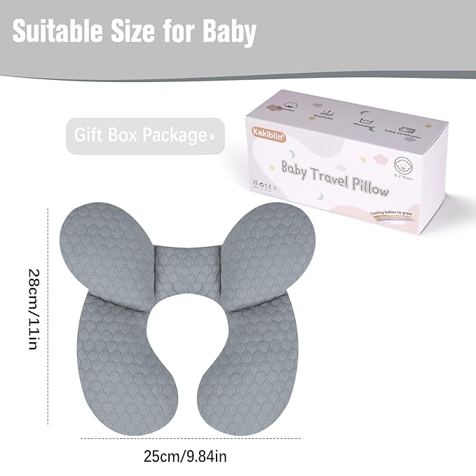 KAKIBLIN Baby Travel Pillow, Upgraded Baby Neck Pillows for Car Seat, Babies Support Pillow, Infant Neck Pillow for Head and Neck, Newborn Head Support for Car Seat,Stroller, Pushchair (Light Grey)