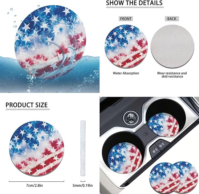 America Flag Print Car Steering Wheel Cover Independence Day Car Accessories Handbrake Cover Cup Coaster Auto Interiors Decor for Men Women 6pcs