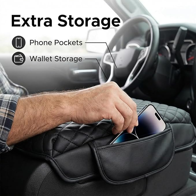 Center Console Cover with Side Pocket for 2019-2026 Chevy Silverado/GMC Sierra and 2021-2026 Tahoe/Suburban/Yukon, Car Armrest Cushion Pad Leather Protective Cover (for Bucket Seat Consoles)