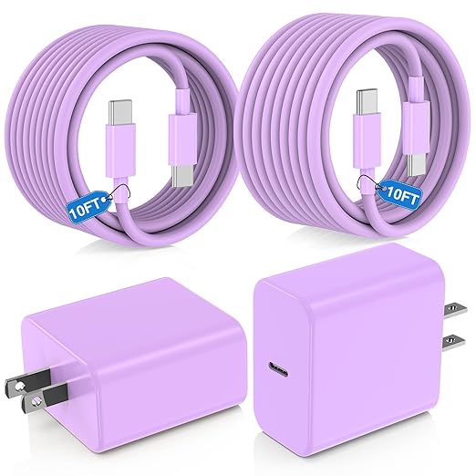 USB C Fast Charger for iPhone 17/ Air/16/15 Pro Max,2Pack 10FT Type C Charger Block & Cable, PD 3.0 Super Fast Charging for iPad Pro MacBook Air/Pro M1/M2, AirPods-Purple