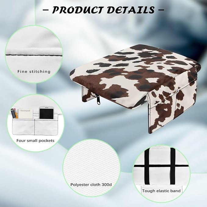 Dreaweet Brown Cow Print Center Console Cover Thick Arm Rest Cover for Car Women Cute Car Accessories Interior Comfy Anti Slip Middle Console Cushion Cover Pad with Pockets