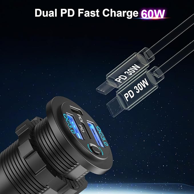 78W 4 Port 12V USB Outlet Car Charger, Super Fast Dual PD3.0 & QC3.0 Multiple USB Port for Car, USB C Cigarette Lighter Replacement 12 Volt Socket Waterproof for Marine Boat Motorcycle RV Golf Cart