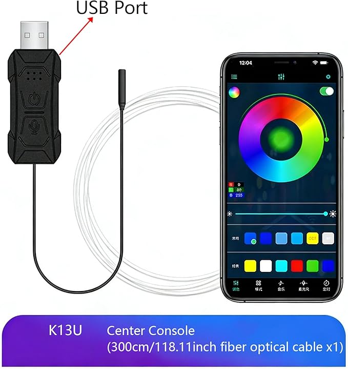 LED Car Interior Ambient Light, Controlled By APP, Suitable for Central Console RGB Ambient Light Strip 118.11 Inch Fiber Optic, USB Interface, Plug and Play, Can Synchronize Music