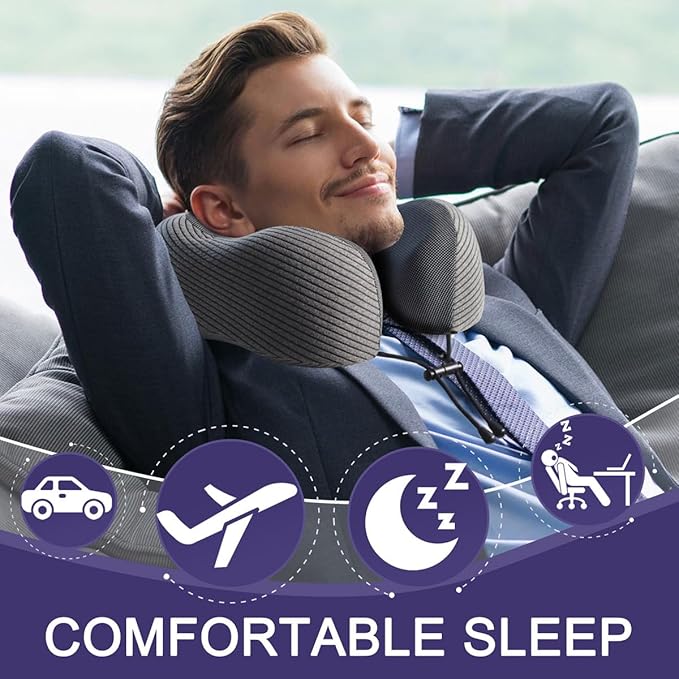 napfun Neck Pillow for Traveling, Upgraded Travel Neck Pillow for Airplane 100% Pure Memory Foam Travel Pillow for Flight Headrest Sleep, Portable Plane Accessories, Dark Gray Striped Kit