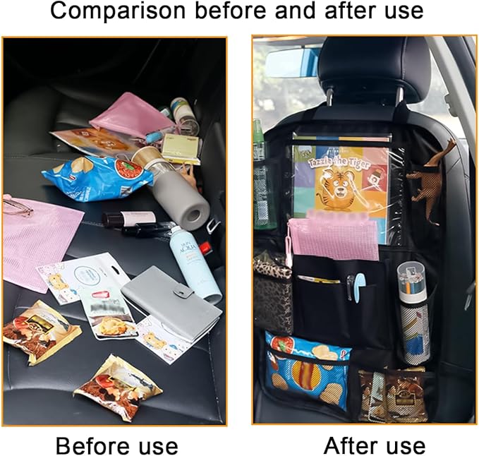 2PCS Car Seat Back Organizer, Waterproof Vehicle Storage Bag with Touch Screen Tablet Holder & 9 Pockets, Auto Kick Mats Back Seat Protector for Kids, Universal Travel Accessories (Black/Small)