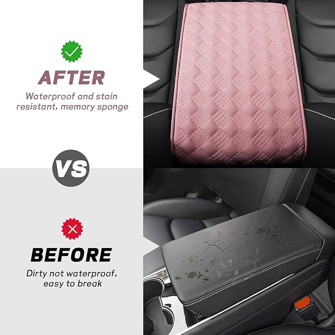 Car Armrest Cushion, 12.2"×8.3" Leather Auto Memory Foam Center Console Pad with Storage Pocket, Waterproof & Anti-Scratch Elbow Pillow Armrest Seat Box Protector, Universal Fit (Pink)
