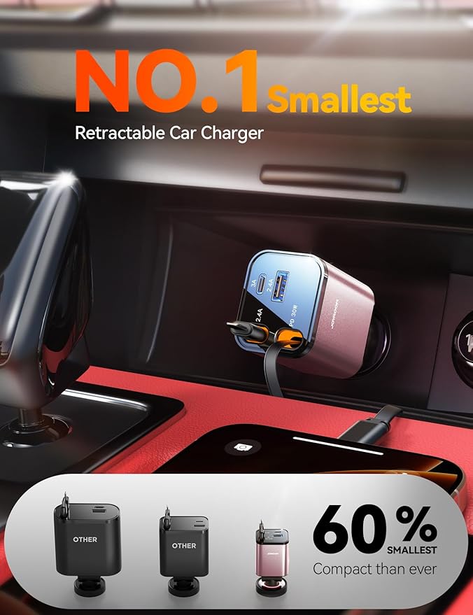 [2026 Upgrade] Retractable Car Charger 84W Car Charger USB C for iPhone 17 16 Fast Charging, Pink Car Accessories, Car Phone Charger Adapter for iPhone 17 Air 16 15 Pro Max, Pixel