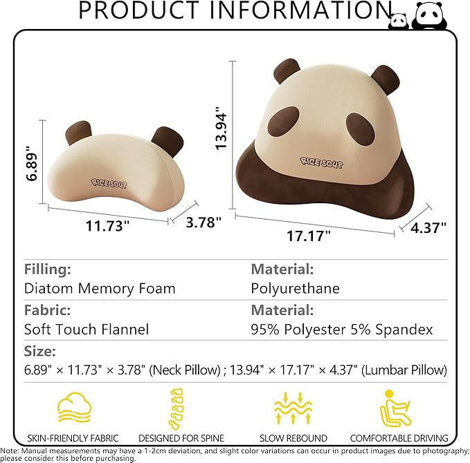 Cute Panda Car Neck Pillow & Lumbar Support Memory Foam Cushion for Driving Adjustable Headrest Waist Pillow for Most Seats (Brown, Backrest)