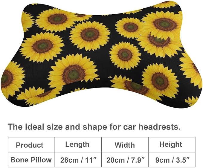 2 Pack Car Neck Pillow Compatible with Floral Black Yellow Flowers Sunflower, Softness Car Headrest Pillow for Driving with Adjustable Strap, Memory Foam and Breathable Removable Cover