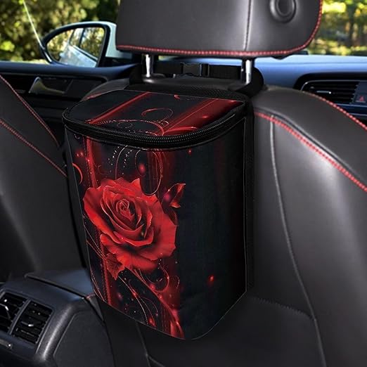 Red Rose Car Trash Can Auto Garbage Bag with Lid Leak-Proof Car Storage Bag Garbage Bag Hanging for Headrest Portable Vehicle Backseat Organizer