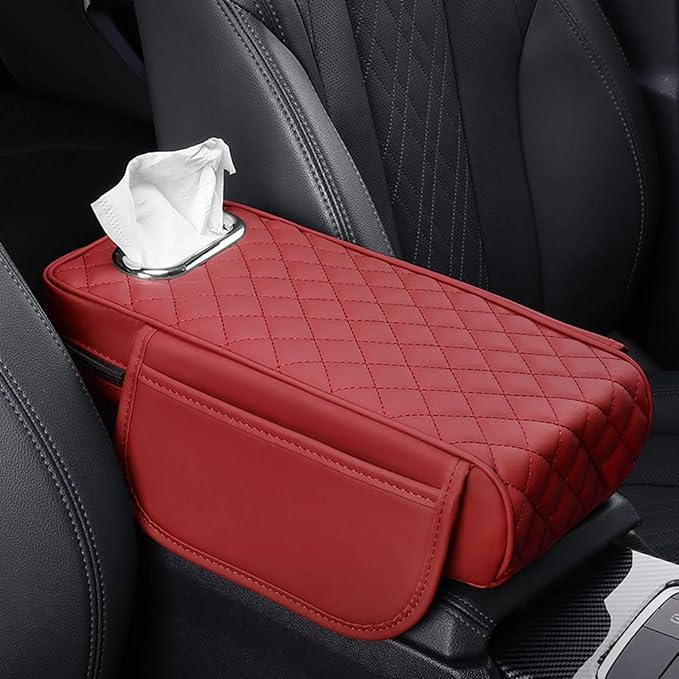 Center Console Cover Arm Rest Cover Leather Car Armrest Box Pad with Pocket Tissue Box Hole Auto Armrest Cover Cushion for Car Sedan Vehicle (Red)