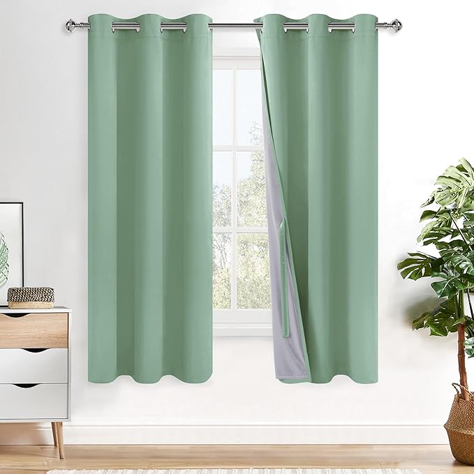 XWZO 100% Blackout Window Curtains - Thermal Insulated & Completely Room Darkening Black Liner Window Treatment with Tiebacks for Bedroom/Living Room, Light Sage, W42 x L63, Set of 2 Panels