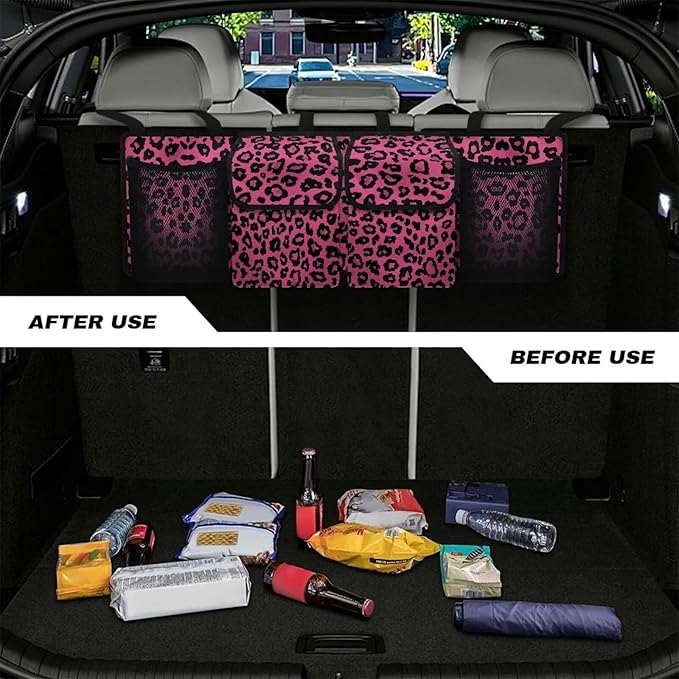 Trendy Car Trunk Organizer Pink Leopard Print Sturdy Back Seat Car Organizer for Women Girls Trunk Storage Bag with Extra Storage Space for SUVs,Trucks,Vans