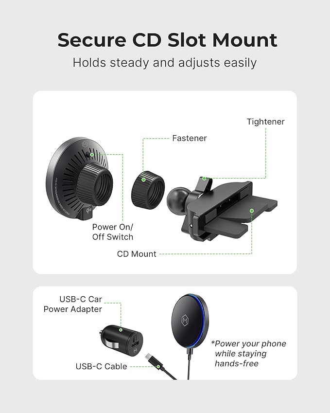 Qi2 15W Wireless Car Charger CD Mount for MagSafe - Magnetic Wireless Charger - Built in on/Off Switch for Charging - Fast Charging & Compatible with iPhone 17 16 15 14 13 12 Series