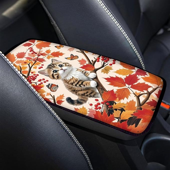 Maple Leaves Cat Soft Armrest Seat Box Cover Car Armrest Cushion Car Decor Protective Car Accessories Universal Fit for Most Cars, Vehicles, SUVs
