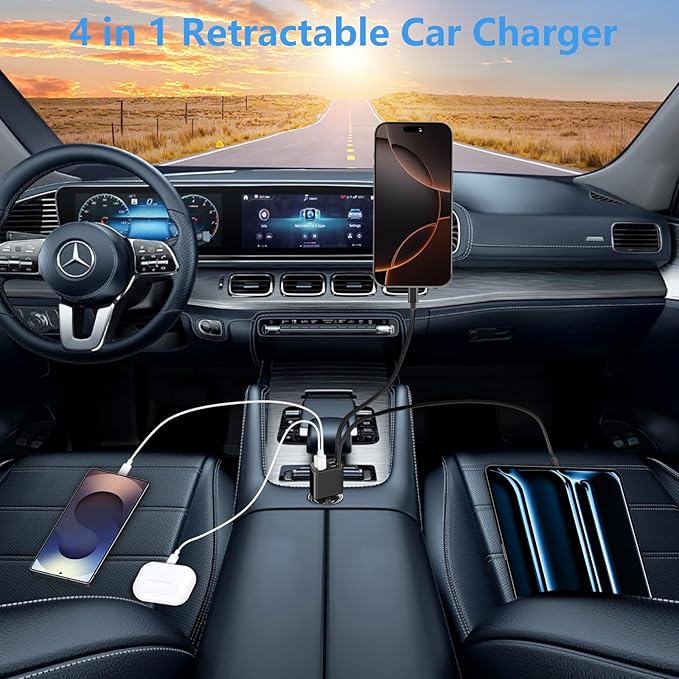 [Apple MFi Certified] Retractable Car Charger for iPhone 17, Stuffcool 120W USB C Car Charger 4 in 1 PD/QC Type C Fast Charging Cigarette Lighter for iPhone 17 17 Pro 16 15 14 13 Galaxy S26 S25 Pixel