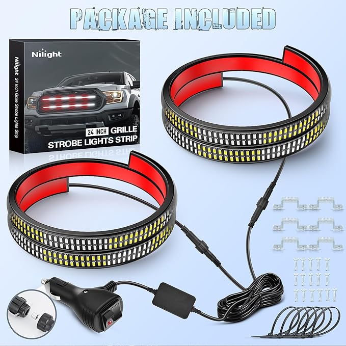Nilight 2PCS 24 inch Truck Grille Strobe Lights Strip 384 LED Emergency Light Red White Flexible Side Flashing Warning Caution Safety Waterproof Lighting Kit for Trucks Tow Plow Construction Vehicles