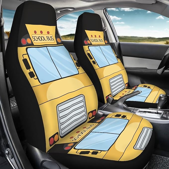 Car Seat Covers Set of 2 Universal Funny School Bus Front Seat Cover Fit for Cars Truck SUV Van, Stretch Polyester Fabric Cover Protection Interior Accessories, Easy to Install