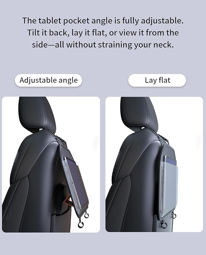 Car Tablet Holder, Backseat Headrest Mount for iPad, Adjustable Seat Organizer with Touch Screen Pocket & Storage Hooks, Fits 7-11 Inch Tablets, Kids Travel Accessory