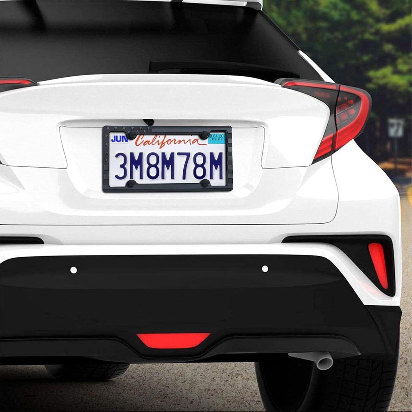 Black American Flag License Plate Frames- Patriotic USA Stars and Stripes Flag Plastic Car Tag Cover Holder with Mount Screws Caps for Truck/SUV, Auto Accessories for Veterans Military