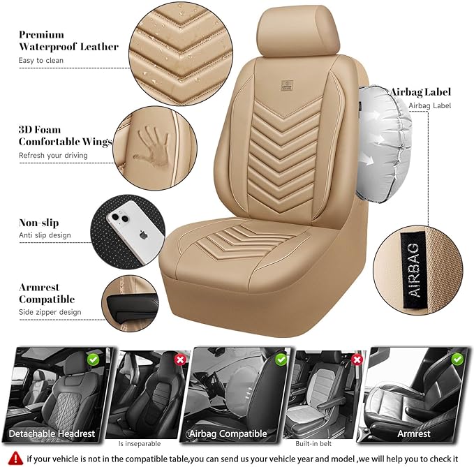 CAR PASS 3D Foam Faux Leather Car Seat Covers Full Set,Waterproof Tan Leather Seat Cover for Cars,Luxury Universal Fit Anti-Slip for SUV Truck Sedan Automotive,Armrest Airbag Compatible,All Beige