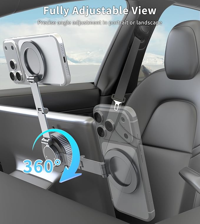 Magnetic Car Mount for Tesla, 360° Adjustable Phone Holder for Tesla Model 3 and Y, Strong Magnet & Foldable Car Accessories, All-metal Phone Mount for Magsafe Compatible with iPhone 17 16 15 Pro Max