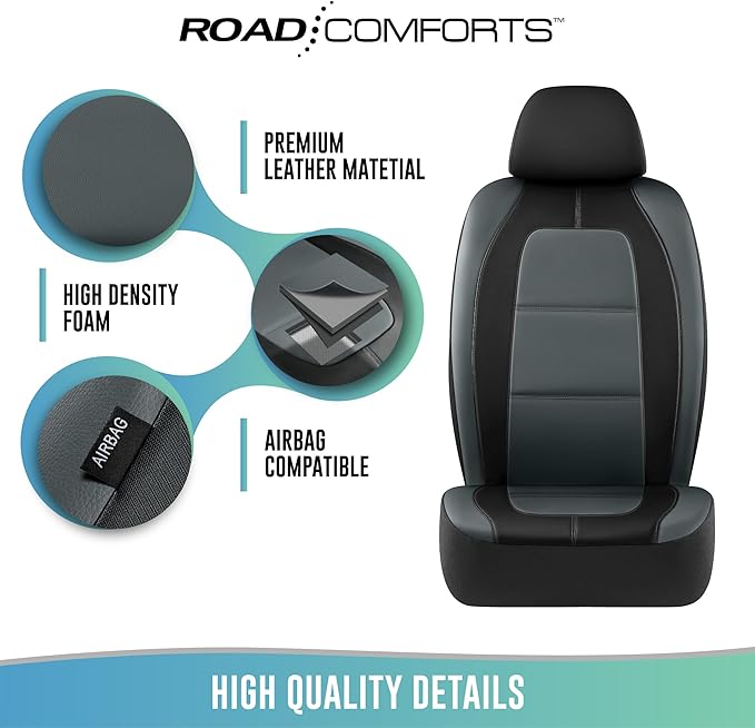 Road Comforts Car Seat Cover, Leather Car Seat Cover Full Set, Automotive Seat Covers, Airbag Compatible Universal Fit for Most Cars (Gray)