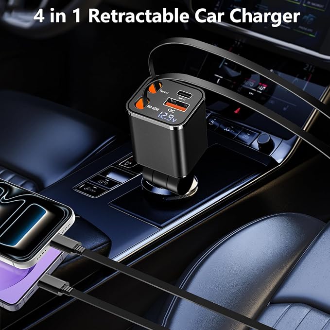 [Apple MFi Certified] Retractable Car Charger, Linocell 120W USB C Car Charger Dynamic Power Adapter 4 in 1 PD/QC Type C Fast Charging Cigarette Lighter for iPhone 17/17 Pro Max/16 Pro/15/Galaxy/Pixel