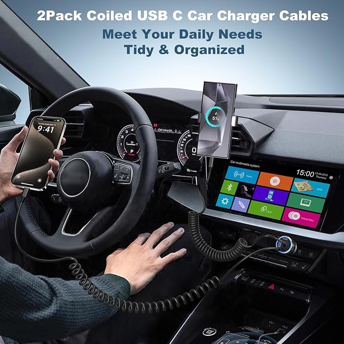 65W USB C Car Charger with Retractable Coiled USB C Cords, OKRAY 4-Port Car Charger PD30W&QC3.0 Fast Charging 12v Cigarette Lighter Adapter for iPhone 17 Air 16e 15 16 Pro, Samsung Galaxy S25 S24 A16