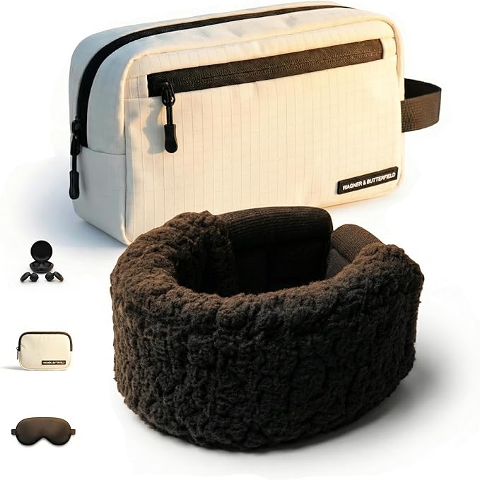 Slim Travel Neck Pillow for Long Flights, 360° Memory Foam Support Travel Neck Pillow with Premium Airplane Comfort Essentials 5pc Set, Best for Sleeping on Airplanes, Cars, Trains | Compact Bag