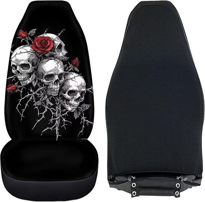 Halloween Skull Rose Car Seat Covers 2 Pcs Universal Front Car Seats Breathable Stretch Polyester Fabric Cover Easy Installation Suitable for Cars, SUV and Trucks