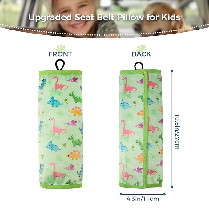 COOLBEBE Seat Belt Pillow for Kids, Extra Soft Toddler Travel Pillow for Car Seat, Universal Carseat Strap Cushion Pads for Childs Baby People Adults, Green Dinosaurs