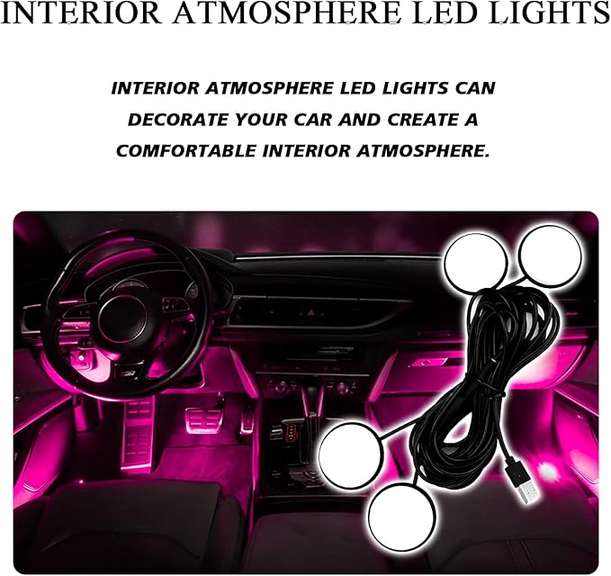 Car Interior Pedal LED Lights, Automotive Underglow Ambient RGB Door Lighting Kit with USB Port, 4 in 1 Decoration Neon Lights for Car, Home, Garden, Party (Lavender)