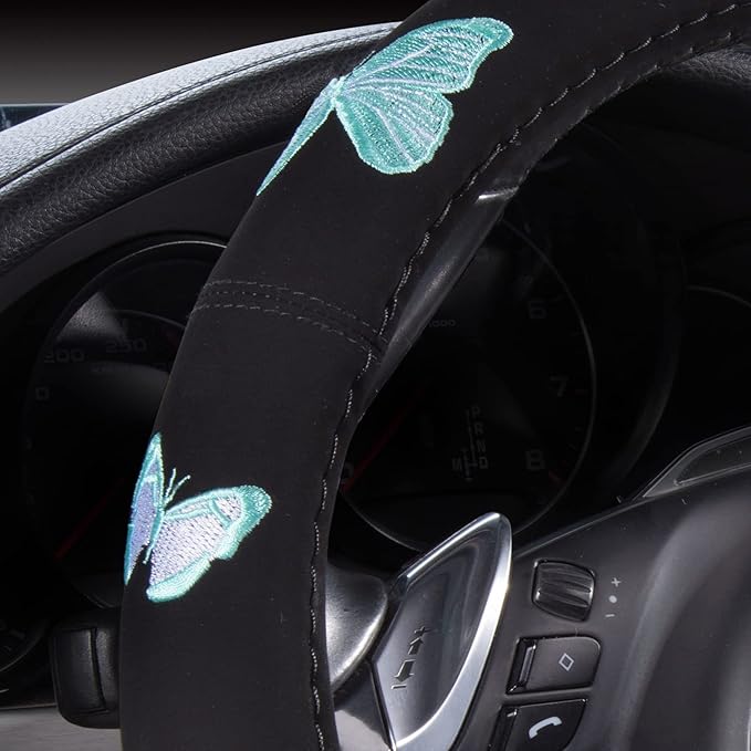 Car Pass Mint Embroidery Butterfly Steering Wheel Cover, Universal 15 Inch Car Wheel Cover for Women Girls, Fit for Suvs,Small Trucks,Sedans,Cars (Black and Mint)