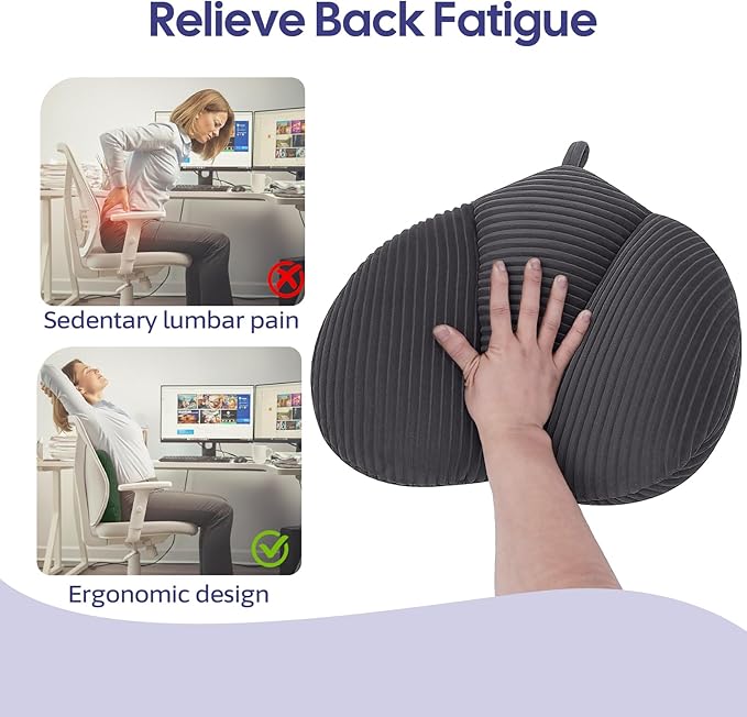 Lumbar Support Pillow for Recliner, Back Support Pillow for Office Chair, Back Cushion with Shredded Foam for Back Pain Relief & Reading, Lumbar Cushions for Couch, Sofa Seat, Car, Grey