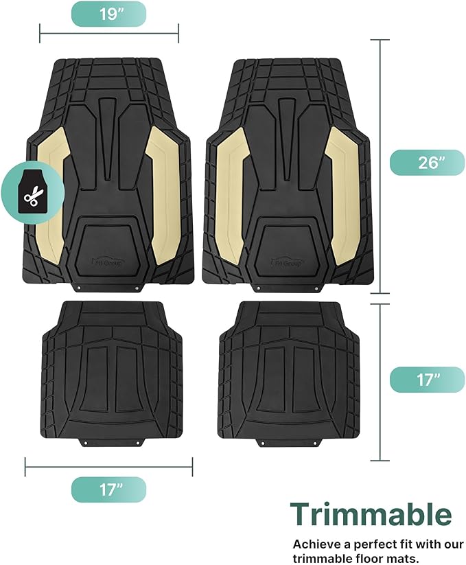 FH Group Automotive Floor Mats, Heavy-Duty Rubber, Stripe Design, Universal Fit Full Set, Trimmable Climaproof Floor Mats for Most Sedan, SUV, Truck, Beige