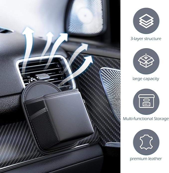 Car Air Vent Storage Bag Organizer Pocket, Multi-functional Air Conditioner Vent Organizer for ID Cards Glasses Phones Pens Keys, Keeps Your Car Neat & Tidy for Stress-free Journey (Black)