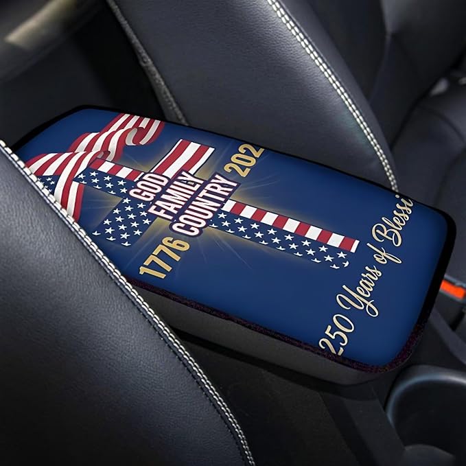 Dreaweet 250th Anniversary Center Console Cover God Family Country Cross Flag Print Car Arm Rest Cover Universal Fit Scratch & Wear Resistant Armrest Cover for Car Truck SUV