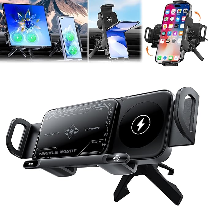 High Intelligent 2 in 1 Auto Rotating Car Charger Cell Phone/Pad Holder, One-Touch Rotatable Car Vent Mount for Smartphone/Pad/Foldable Phone (Black)