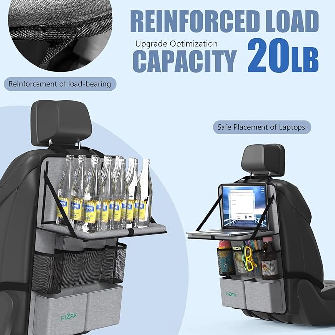 Plzpik Car Backseat Organizer with Tablet Holder,11 Storage Pockets with Foldable Food Tray, Protector Kick Mats for Kids, Travel Accessories Organizer (Gray, 1Pack with Food Tray)
