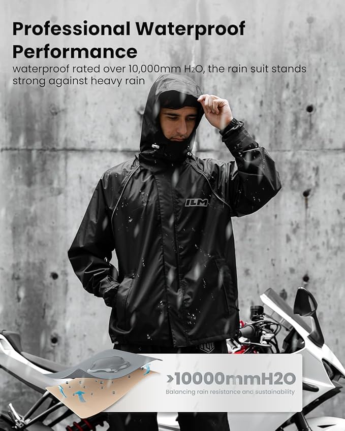 ILM Motorcycle Rain Suit for Men 2 Piece Waterproof Jacket and Pants Hidden Shoe Cover Breathable Reflective Model RS03