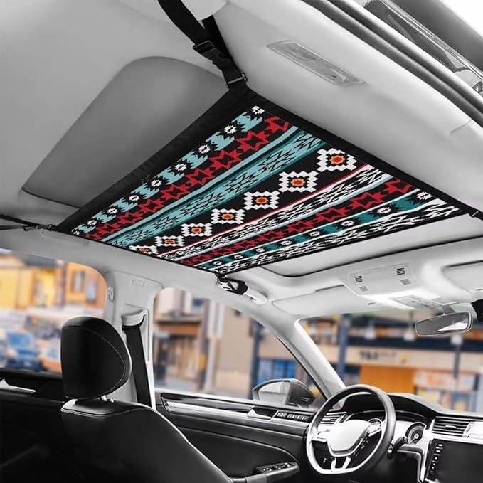 Car Roof Storage Bag Tribal Grid Print Hanging Car Storage Bag Premium Car Seat Organizer Inner Car Accessories Compatible with Most Vehicles