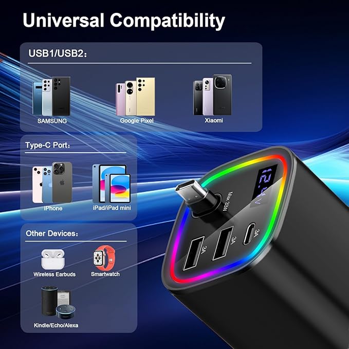 Car Charger USB C, 4in1 Car Phone Charger with USBC Retractable Cable for iPhone Android Fast Charge, AGEMANY 78W Cigarette Lighter Adapter with Voltage Display, 12V/24V Car Accessories Gift (Black)