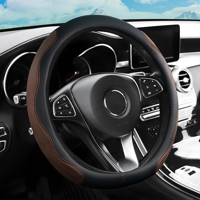 zipelo 14.5"-15" Car Steering Wheel Cover, Auto Interior Wheel Protector with Durable Soft Breathable Anti-Slip Linging Leather, Universal for Vehicles Trucks SUVs Accessories for Men Women (Coffee)