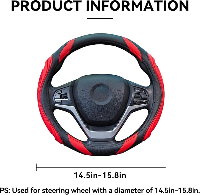 Car Steering Wheel Cover, 15 Inch Leather Breathable Anti-Slip Soft Steering Wheel Protector for Men and Women, Universal Car Accessories for SUV, Truck, RV (Red)