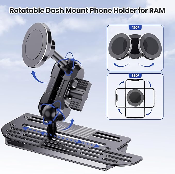 Stainless Steel Phone Mount for 2019+ Ram 1500/2500/3500/TRX, Magnetic & Clamp Dual Heads, All-Metal Shakeproof Unique America Flag Design OEM Screw Hole Dash Mount Install Super Stable
