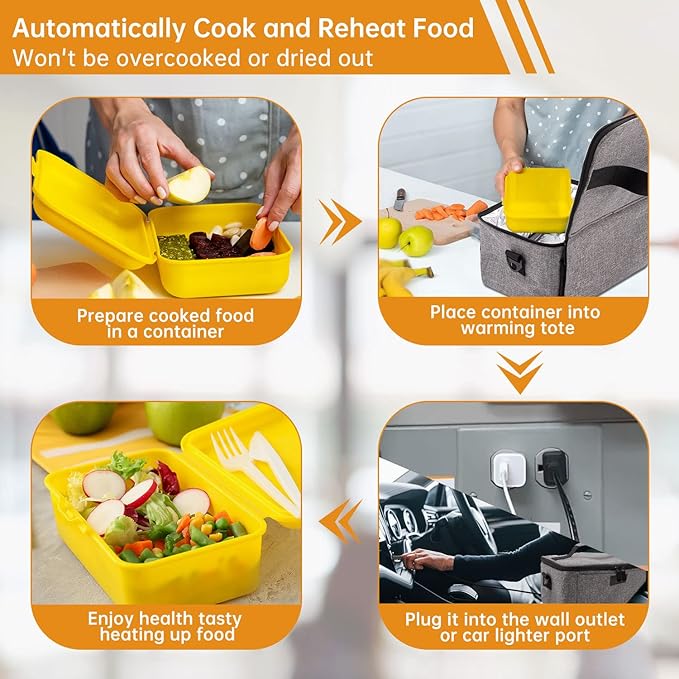 Aotto Portable Oven, Electric Lunch Box Food Heater - 12V/24V/110V 3-in-1 Car Food Warmer - Heated Lunch Box for Adults - Cook, Reheat & Keep Meals Warm for Car, Truck, Travel, Work, Home - Grey